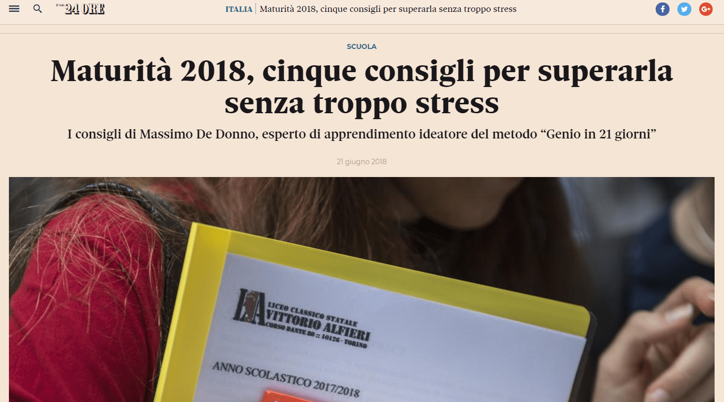 Sole24Ore Come affrontare maturità Genio in 21 Giorni